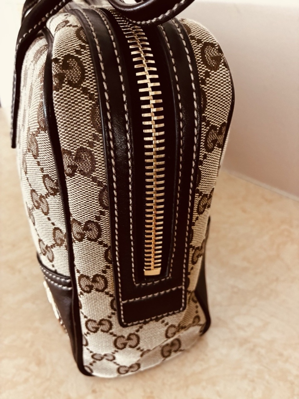 Gucci Britt Boston Bag GG Monogram Canvas Brown Leather & Dust Bag -Like New - Picture 9 of 16